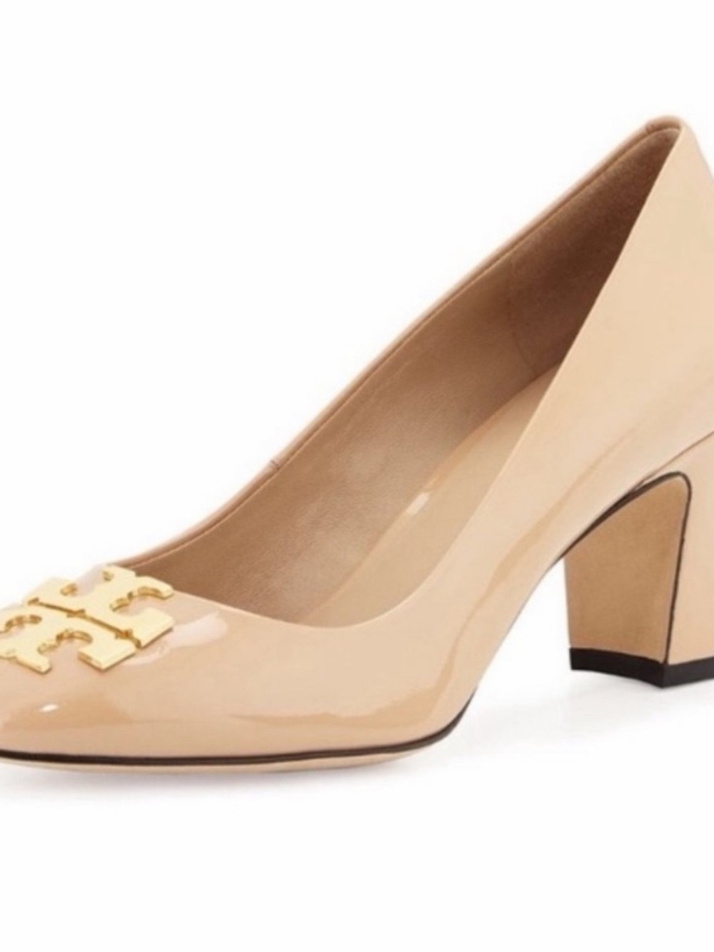 Tory Burch Nude Patent Block Heel Pumps with Gold Logo